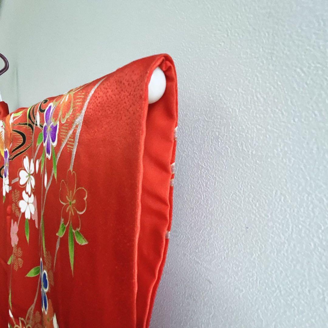 セット七五三 ７歳女の子 長着＆袖なし長襦袢＆帯＆小物　赤×黒　オシドリ　伊達衿