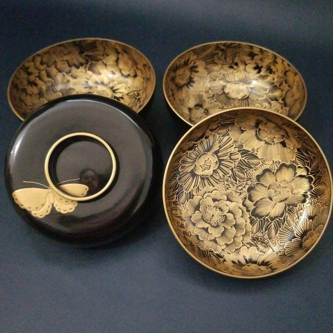 確認用　能登輪島塗 内総沈金 牡丹紋詰 吸物椀 茶道具 懐石 菓子椀 2客