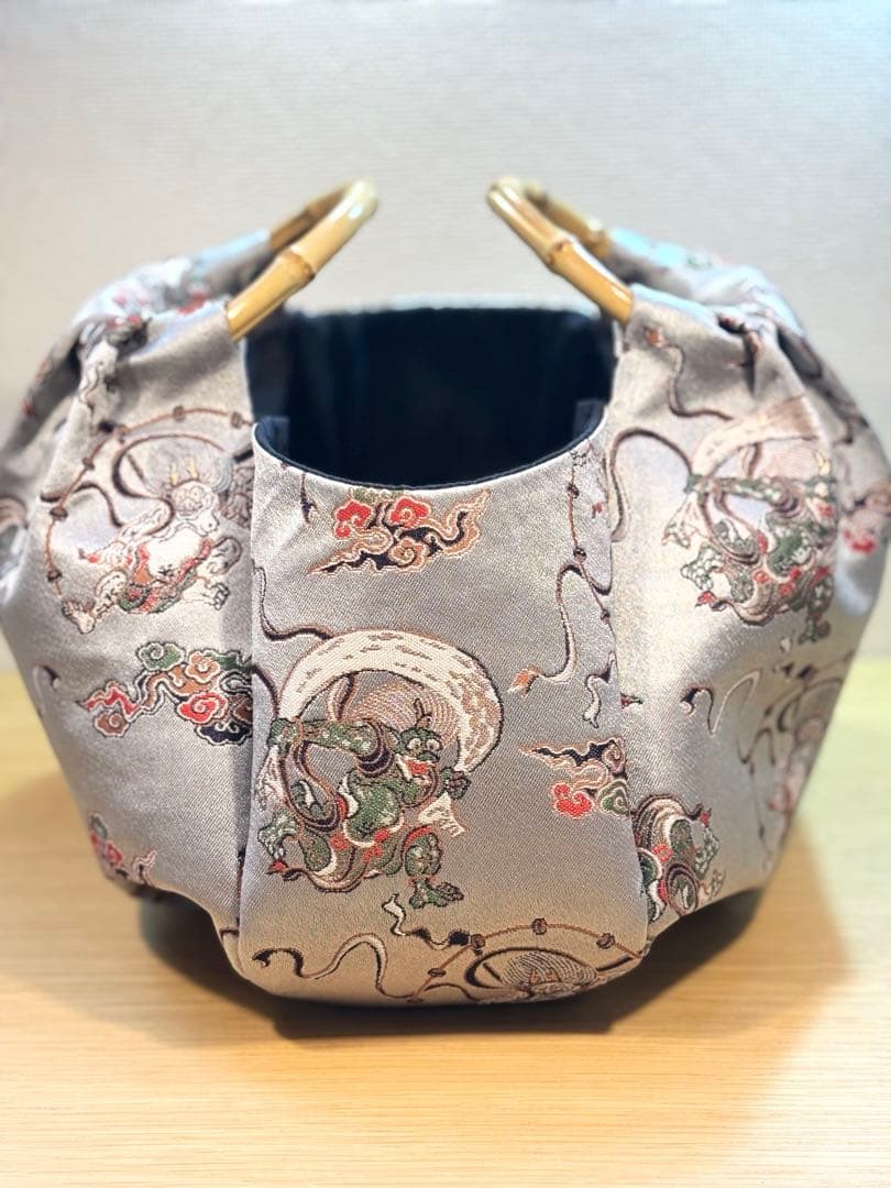 和装バック　着物バック　金蘭生地・風神雷神（グレー）卒業入学結婚七五三お宮参り