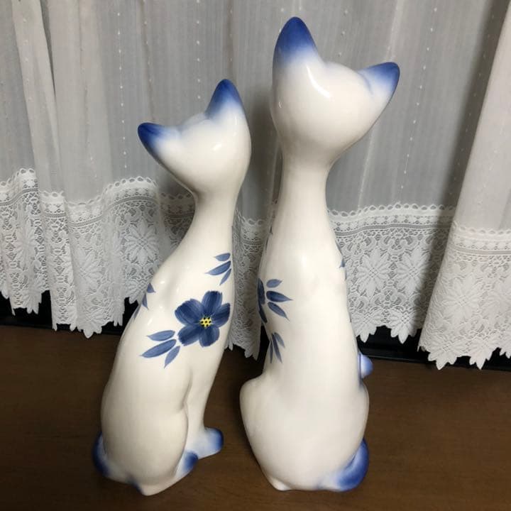 小売業者 昭和レトロ ネコ ねこ 猫 大型の置物 陶器 ブルー 青 花柄
