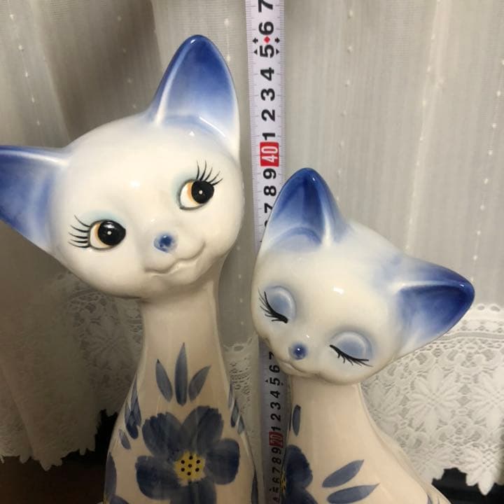 小売業者 昭和レトロ ネコ ねこ 猫 大型の置物 陶器 ブルー 青 花柄