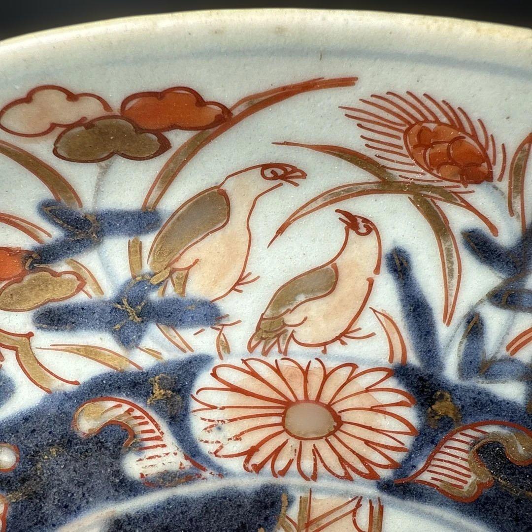 元禄伊万里　色絵花鳥図七寸皿　建築物　金蘭手　赤絵　裏椿文　状態◎　蒐集家旧蔵品