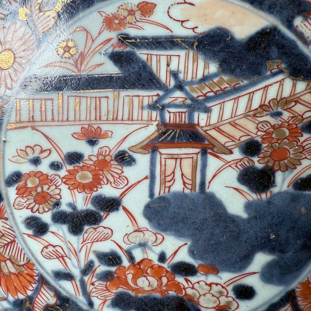 元禄伊万里　色絵花鳥図七寸皿　建築物　金蘭手　赤絵　裏椿文　状態◎　蒐集家旧蔵品