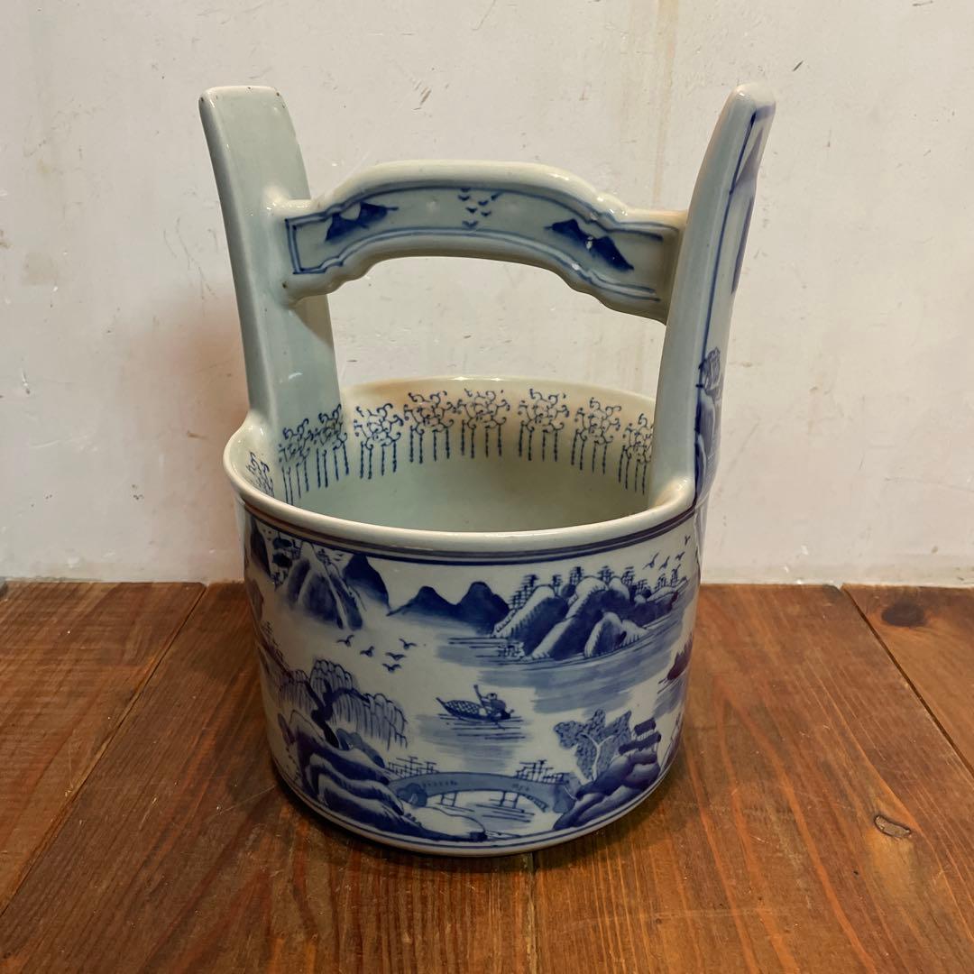美品　陶器　時代物　染付　山水画　文手桶　花入　当時物　古道具