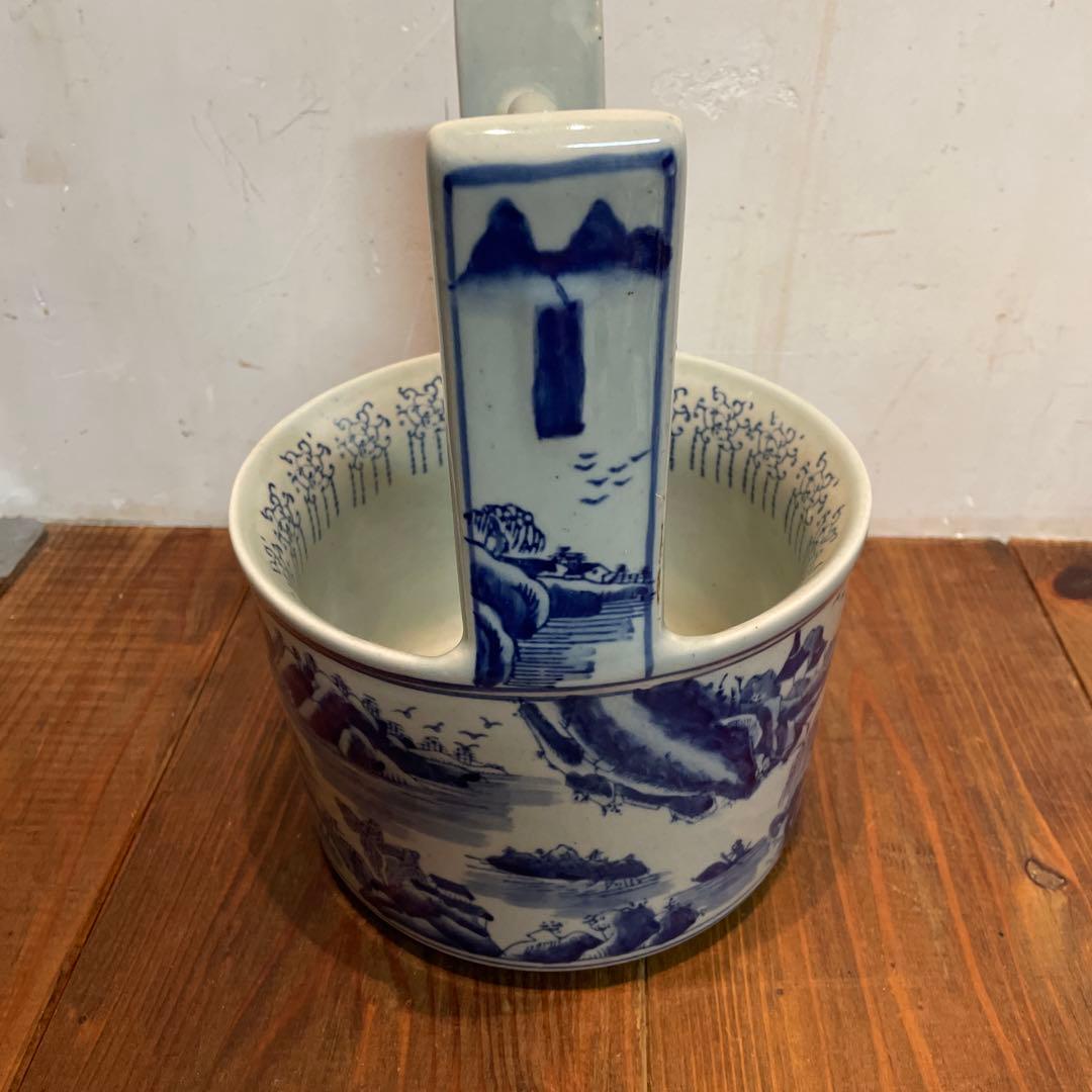 美品　陶器　時代物　染付　山水画　文手桶　花入　当時物　古道具