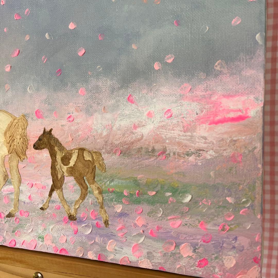 馬　馬の絵 桜 花の絵 テクスチャーアート さくら