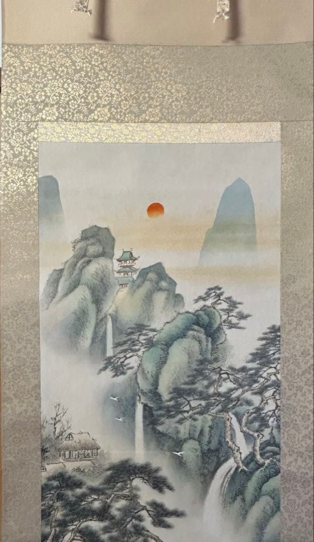 幸堂在銘 山水画 蓬莱山 掛軸 絹本 美術品