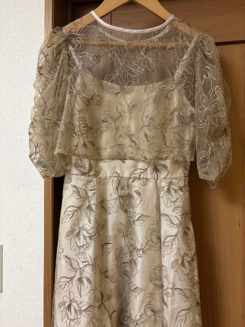 シャーリングスリーブ 総レース フェミニン パーティー ドレス 結婚式