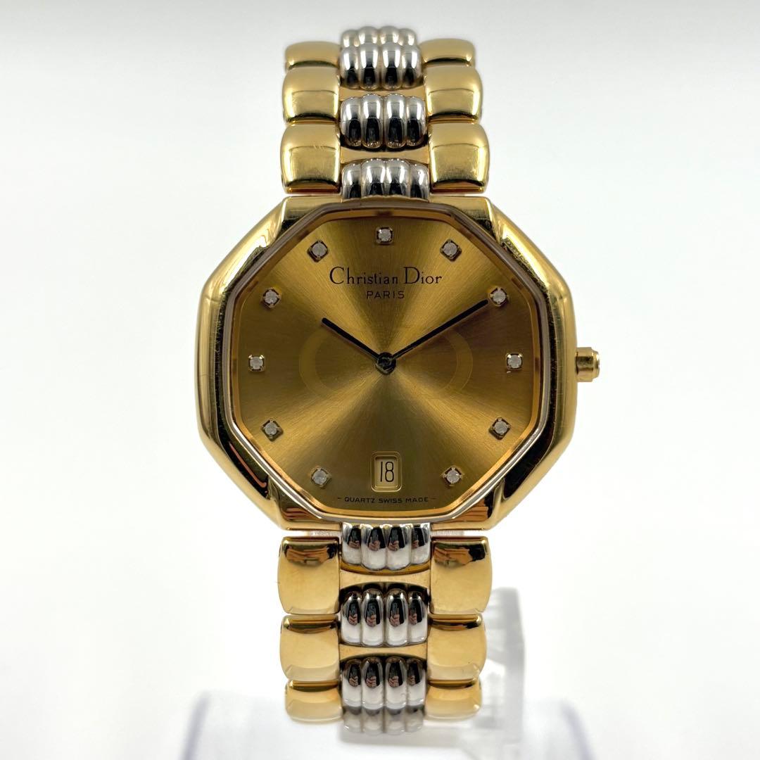 レア クリスチャンディオール 腕時計 ダイヤ11P オクタゴン ゴールド デイト