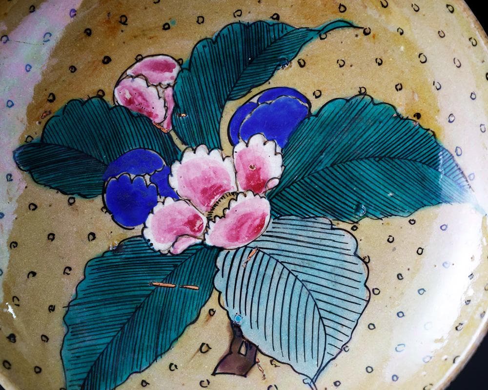 時代年代物 九谷 青手色絵 花の図 七寸 飾皿 直径21