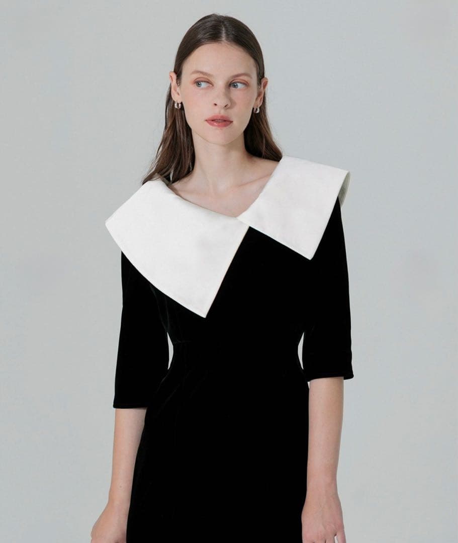 あゆ　配色アシンメトリービッグカラーベロアマーメイドシルエットドレス