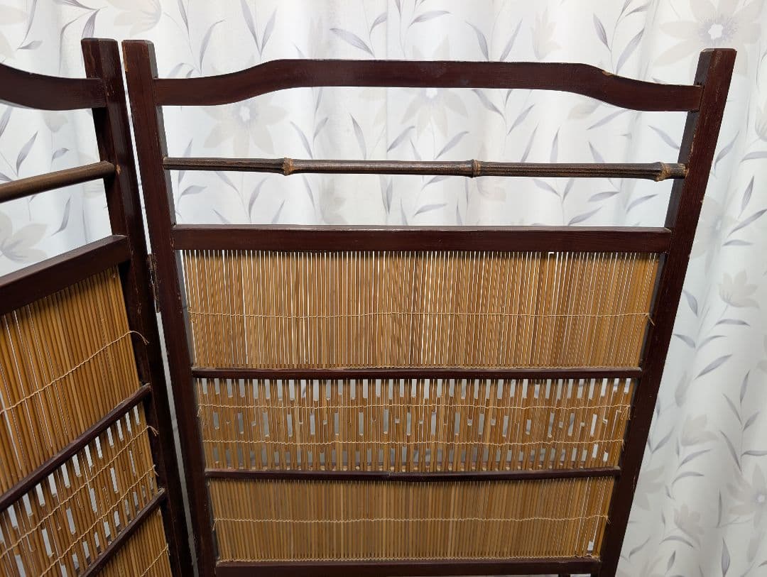 古家具 パーテーション 屏風 衝立 4連 竹 木製