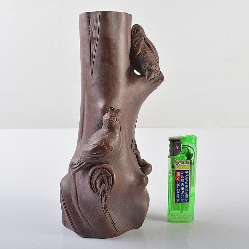 中国　紫砂　朱泥　梅に鳥彫　花瓶　在銘　V　R6388