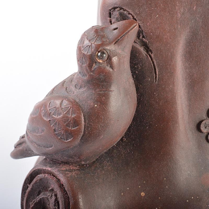 中国　紫砂　朱泥　梅に鳥彫　花瓶　在銘　V　R6388