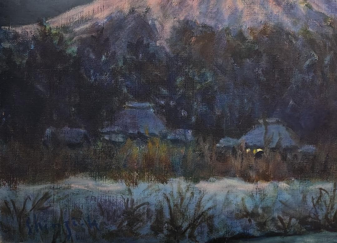 明ける忍野村」1976 F6 絵画 油絵 油彩画 風景画 富士山