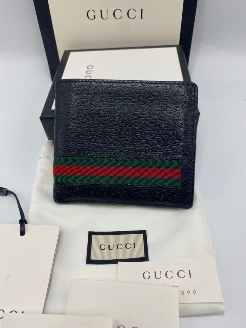 GUCCI グッチ シェリーライン シマ レザー ブラック 二つ折り財布