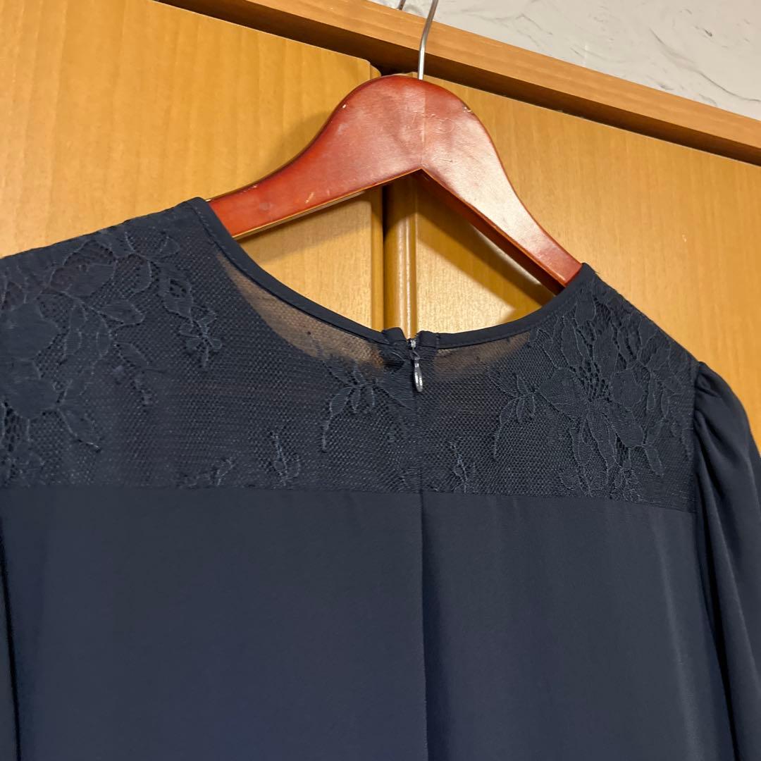 Floliaレース切り替えフレアスリーブＩラインワンピースネイビー