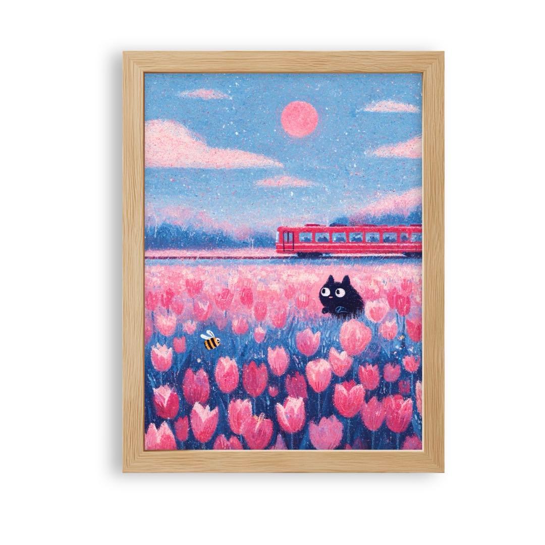 絵画 | イラストポスター 1144☆ 【ピンクの花畑の中の黒猫】 - メルカリ