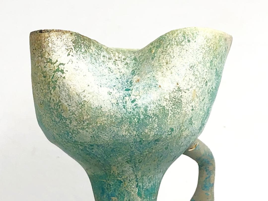 ペルシャ古陶 】 出土灯火器 青釉銀化 イスラム陶