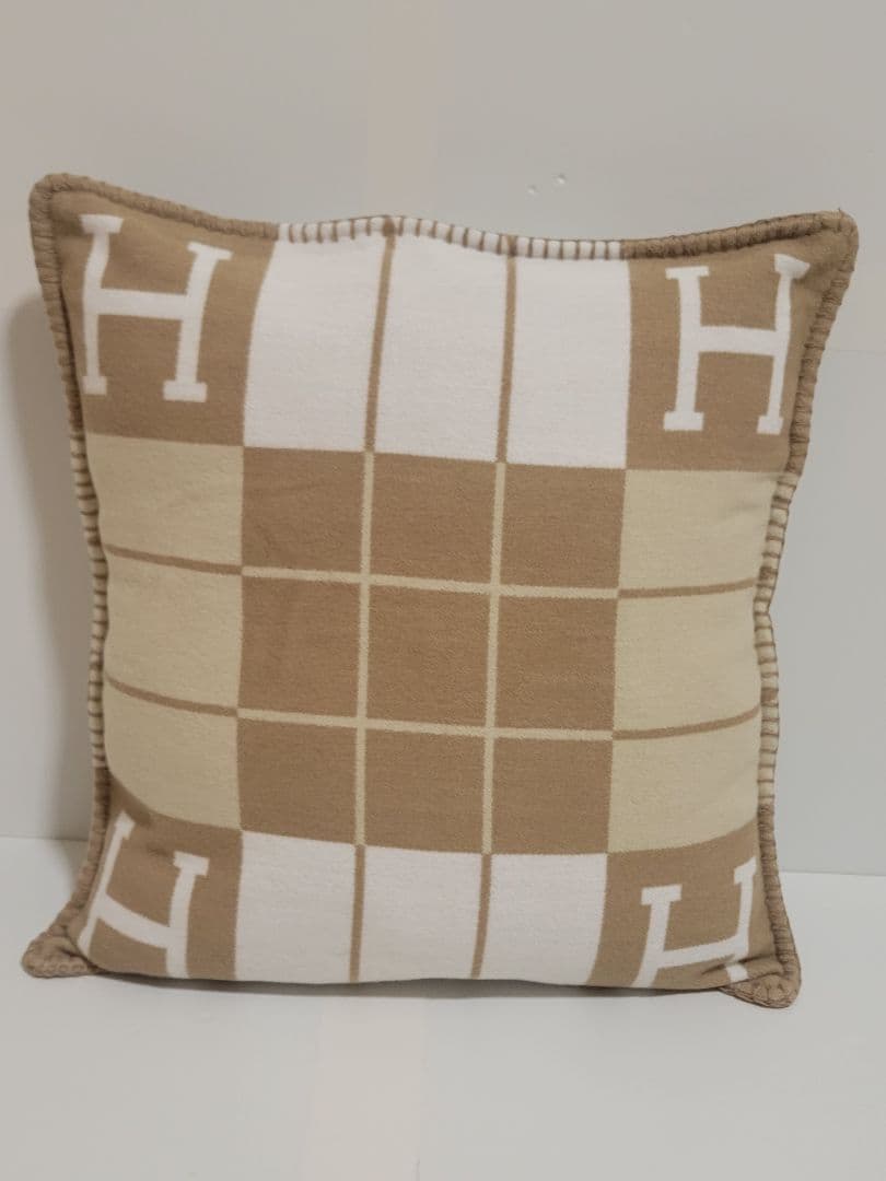 エルメス　クッションカバー　キャメル　45×45　チェック