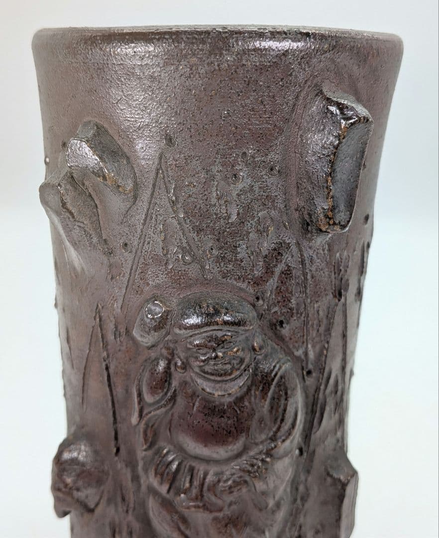 明治時代 備前焼 装飾花入 大黒天彫貼付 大黒様 七福神 縁起物 花器 花瓶