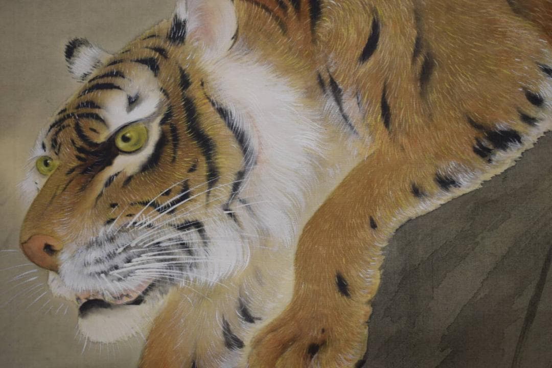 真作/研璋/猛虎図/梶谷竹水の桐極箱付/布袋屋掛軸HG-242