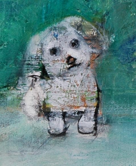 絵画 インテリア 額付(青緑＋金色の枠) 油絵 uF6-071719 犬と蟻さん