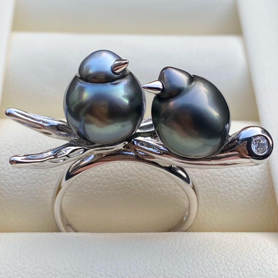 本真珠　南洋黒蝶真珠ダブルリング「鳥と枝」13mmダークグリーンL1259