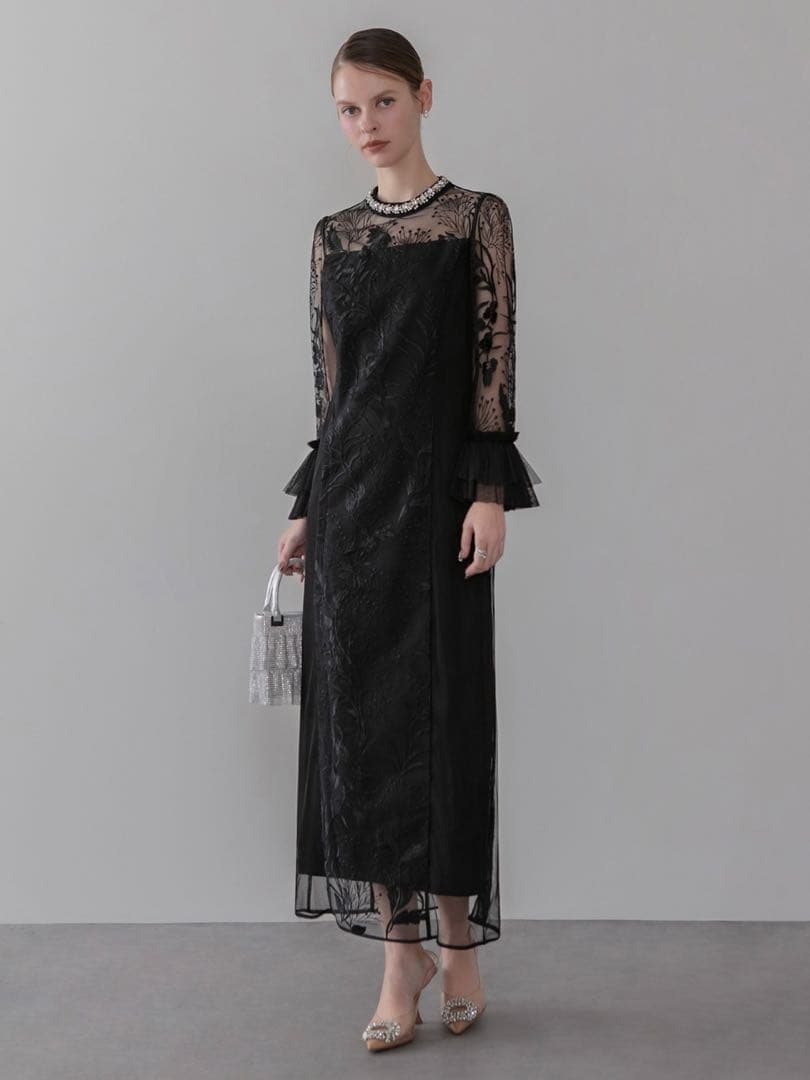 フラワーレースジュエルカラーIラインワンピースドレス結婚式二次会成人式パーティー