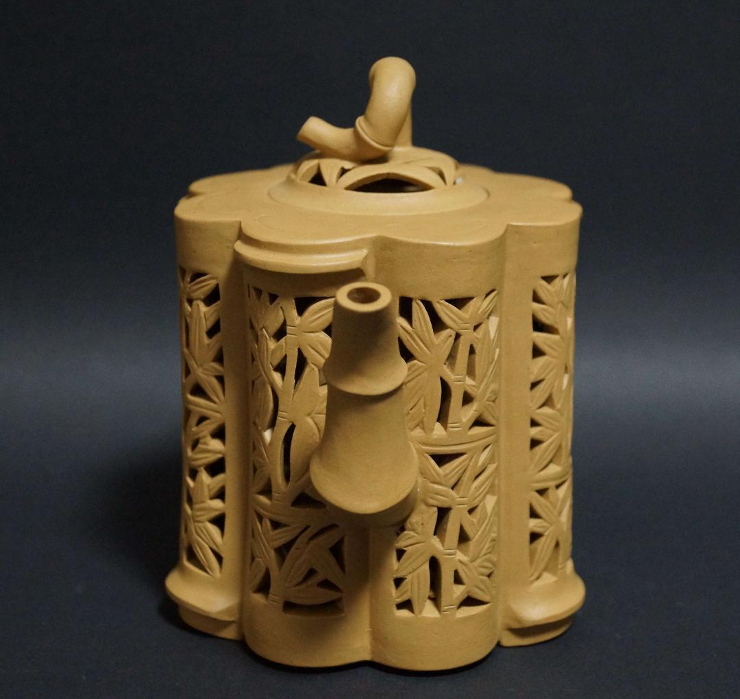 茶道具 名工範澤春 製 『竹彫鏤空』 朱泥急須 透かし彫り 紫砂壺