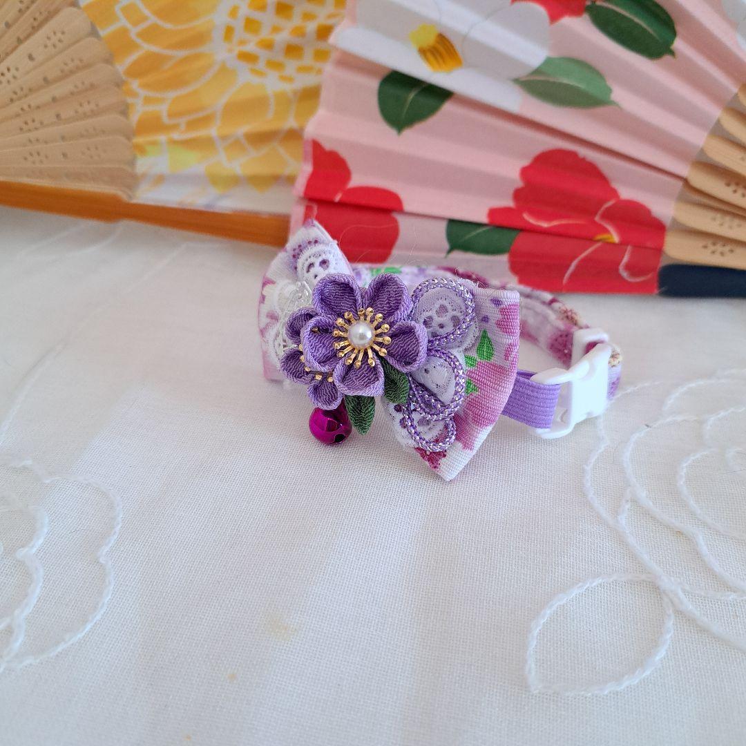 つまみ細工(青)わんちゃん猫ちゃん用襟つき首輪 シングルリボン、和風