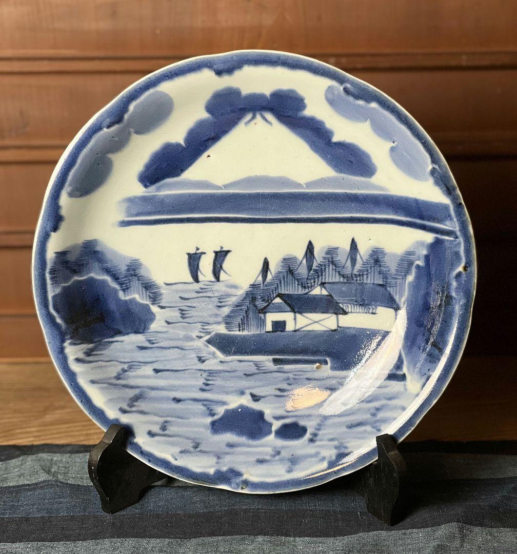 江戸期 古伊万里 富士山 帆掛け舟図の大皿 骨董品 染付 アンティーク