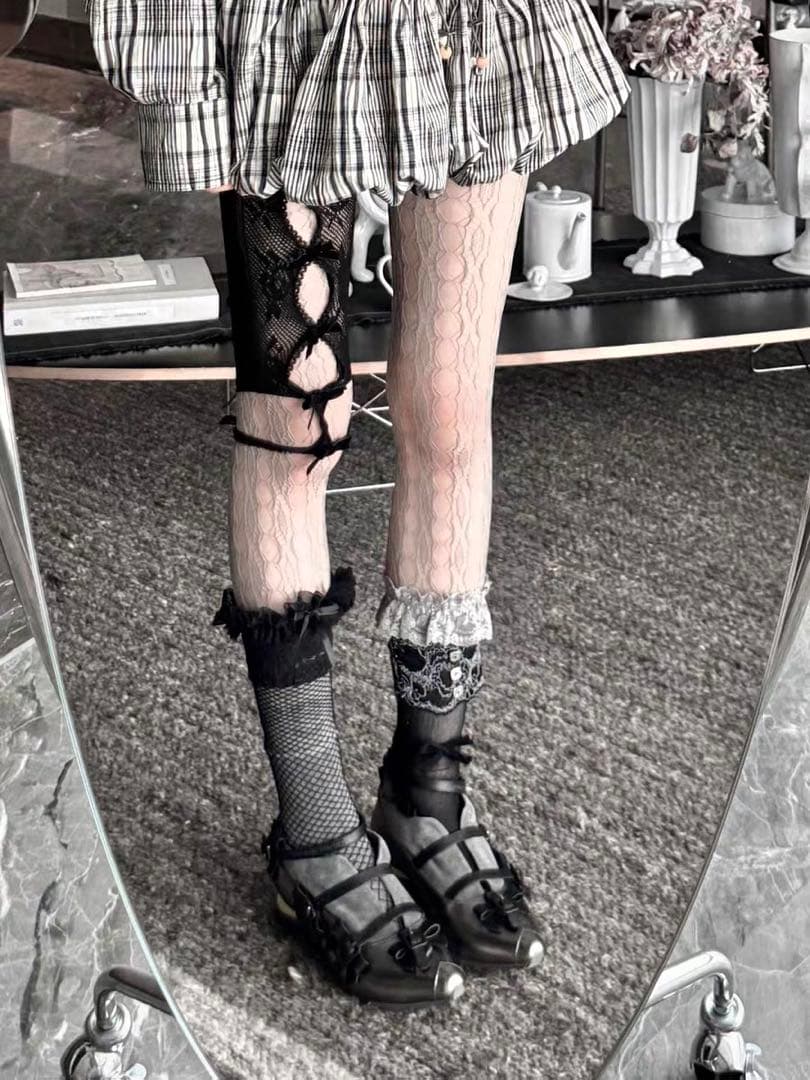 Nodress 2024ss ブラック リボン レース ストッキング　五分丈