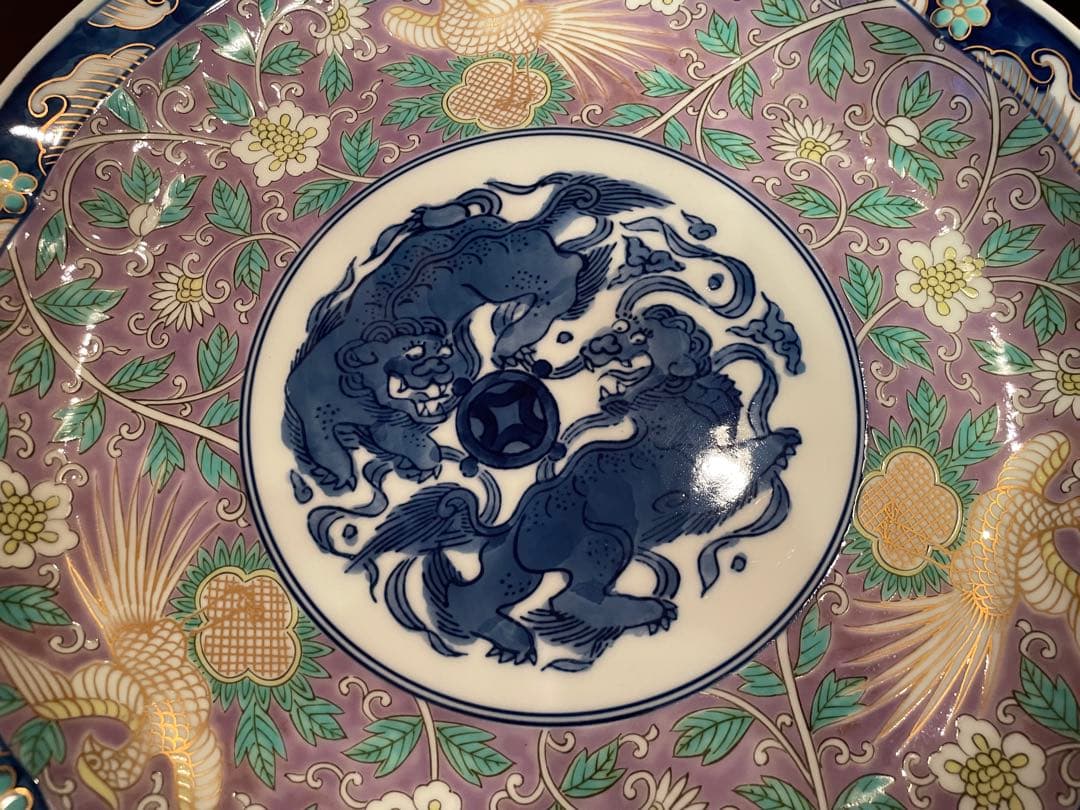 未使用品　有田焼　古伊万里　富貴長春 深皿 金彩 花鳥　唐獅子 鳳凰　唐草 大皿