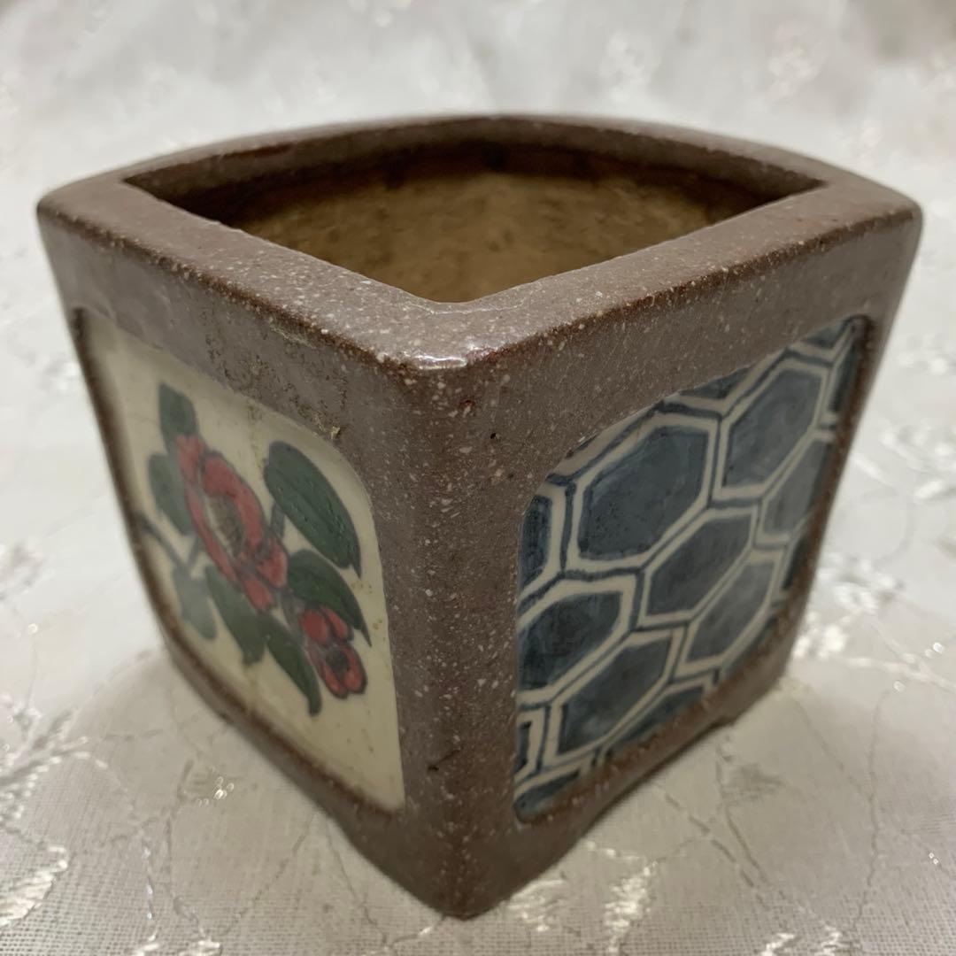 桑津香石　正方　絵鉢　盆栽鉢