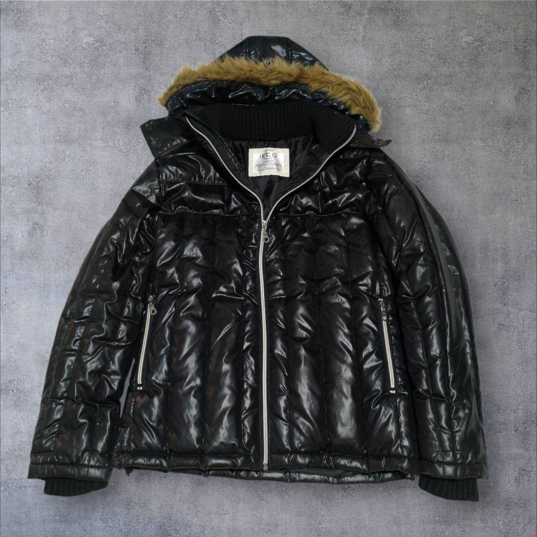00s ダウンジャケット ファー 光沢 リブ y2k お兄系 平成 黒 グランジ