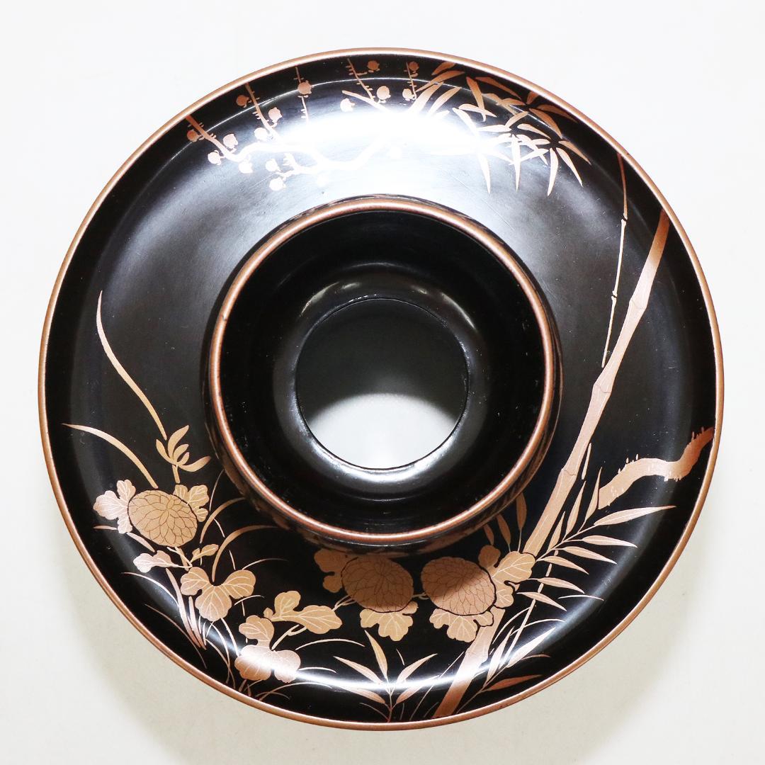 四君子蒔絵 黒腰高茶台 漆 一対　共箱 天目台 黒塗