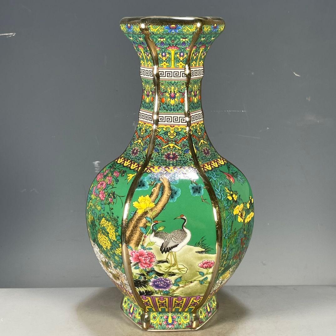 琺瑯彩花鳥紋六稜賞瓶 景徳鎮 陶磁器 装飾品 現代工芸品 美術品 置物