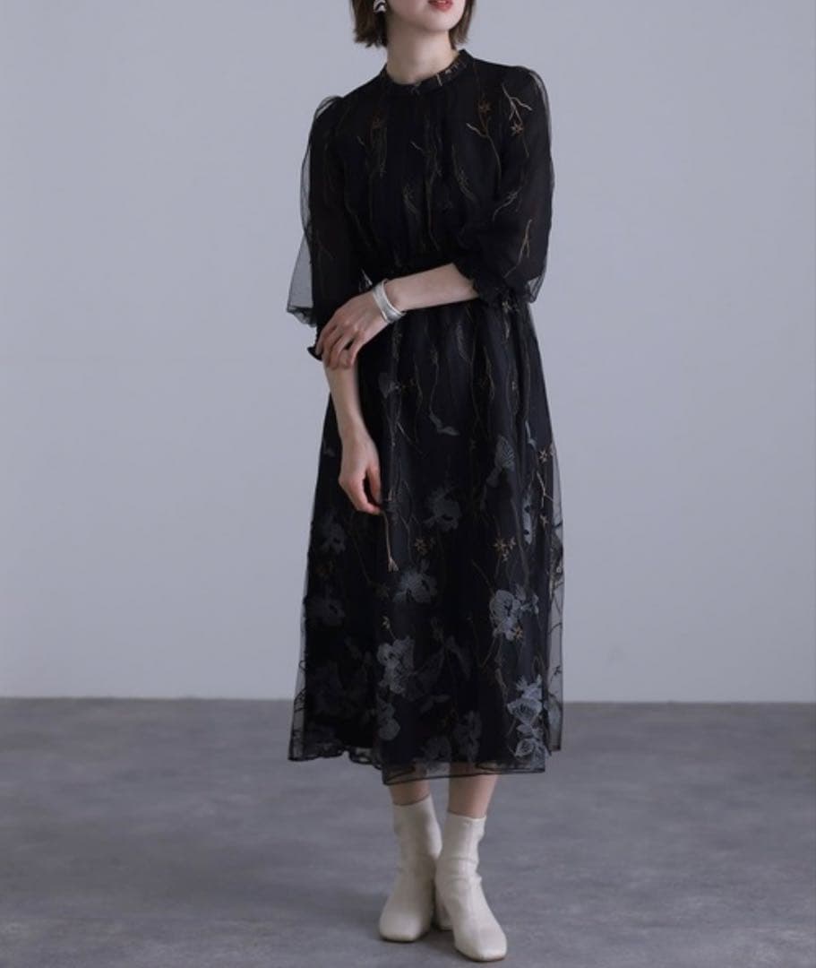 Callarus スタンドカラー刺繍レースワンピースドレス M オケージョン