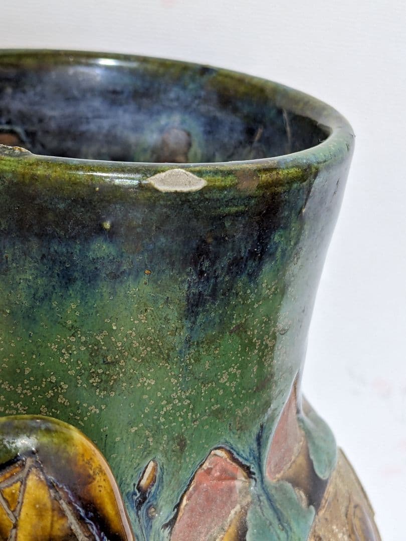 ♢琉球 飴釉掻落し 魚紋文様 双耳壺 瓶 沖縄花瓶 珍物