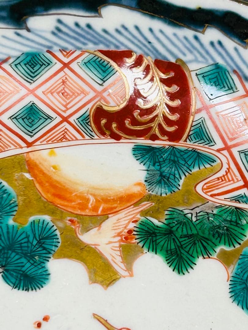 古伊万里色絵金襴手松竹梅鶴輪花七寸皿5枚21.5㎝窓絵帆舟