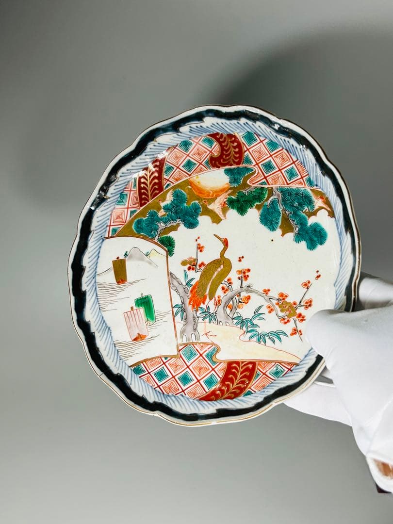 古伊万里 色絵 金襴手 松竹梅 鶴 輪花 七寸皿 5枚 21.5㎝ 窓絵 帆舟の