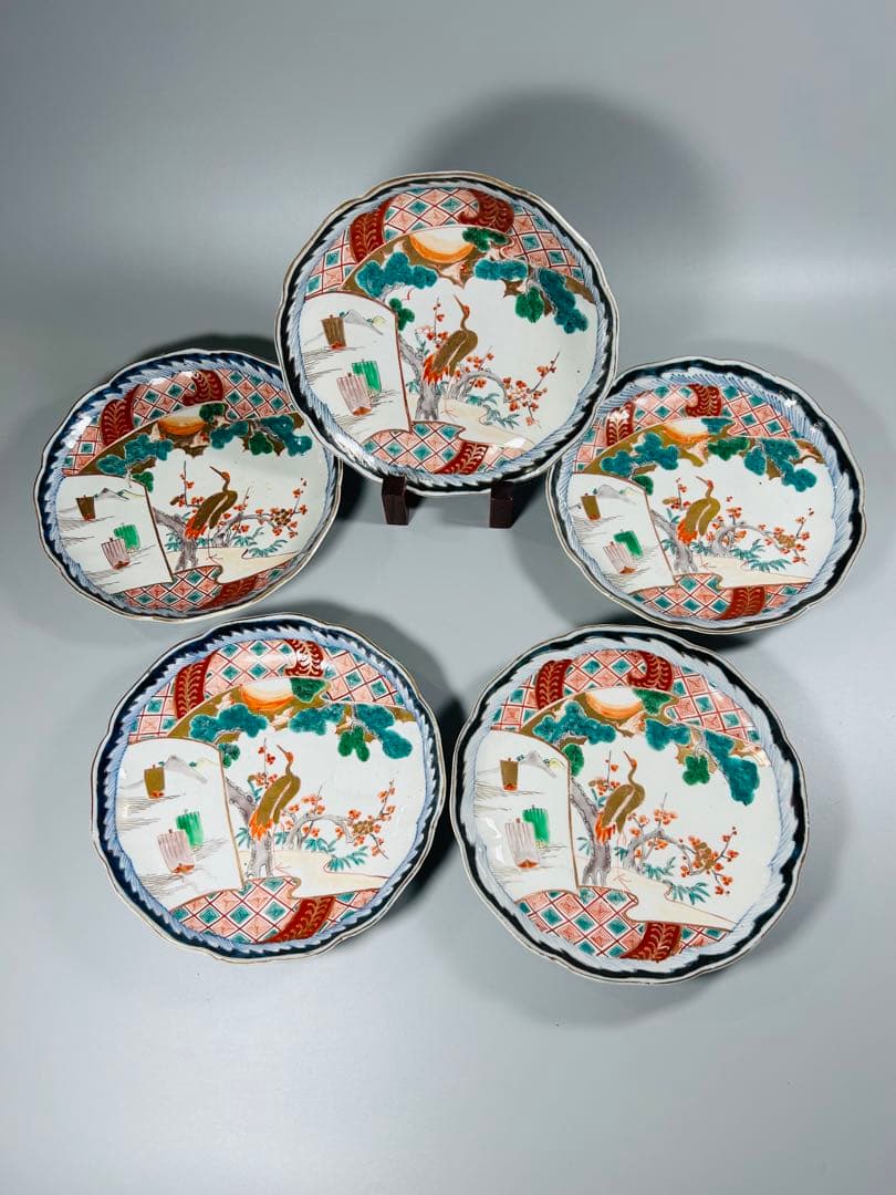 古伊万里 色絵 金襴手 松竹梅 鶴 輪花 七寸皿 5枚 21.5㎝ 窓絵 帆舟の