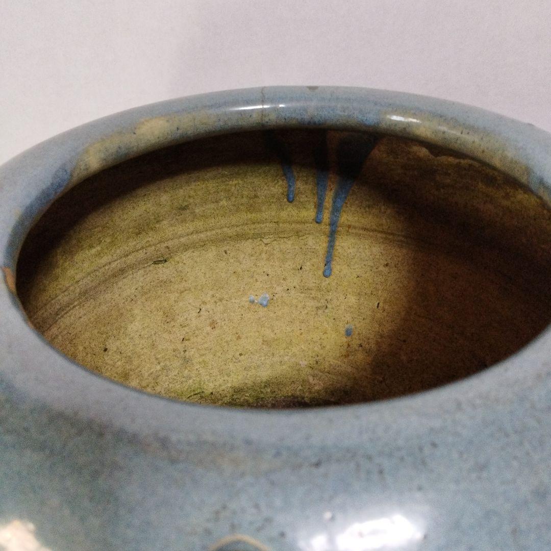 昭和レトロ 青磁 火鉢 陶器製 メダカ鉢 金魚鉢 紺 貫入 大型 大きめ 古