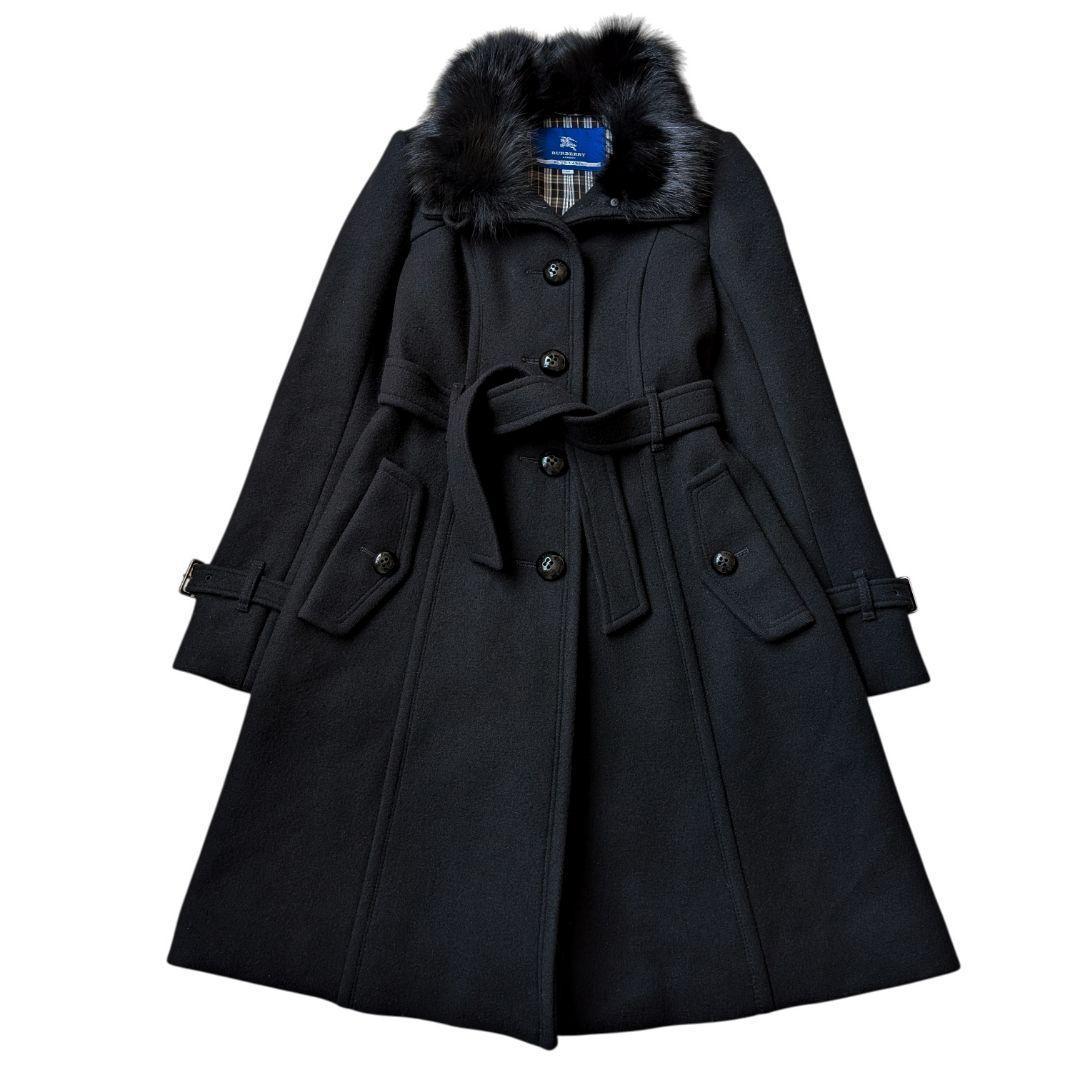 バーバリー ブルーレーベル ウール コート フォックスファー ブラック