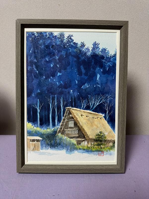 水彩アート「群青の森　Ⅲ」1点物、手描き、真筆