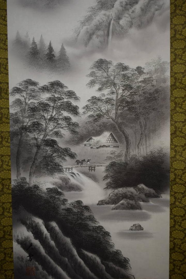 真作/大雪/山水人物図/布袋屋掛軸HI-211