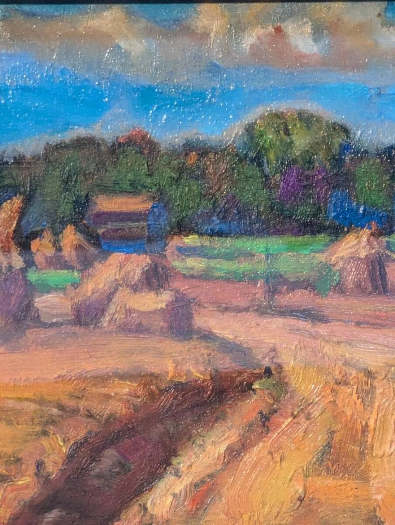 真作】絵画 油彩SM（板絵） 田園風景 温もりあふれる郷愁の風景 V192 真