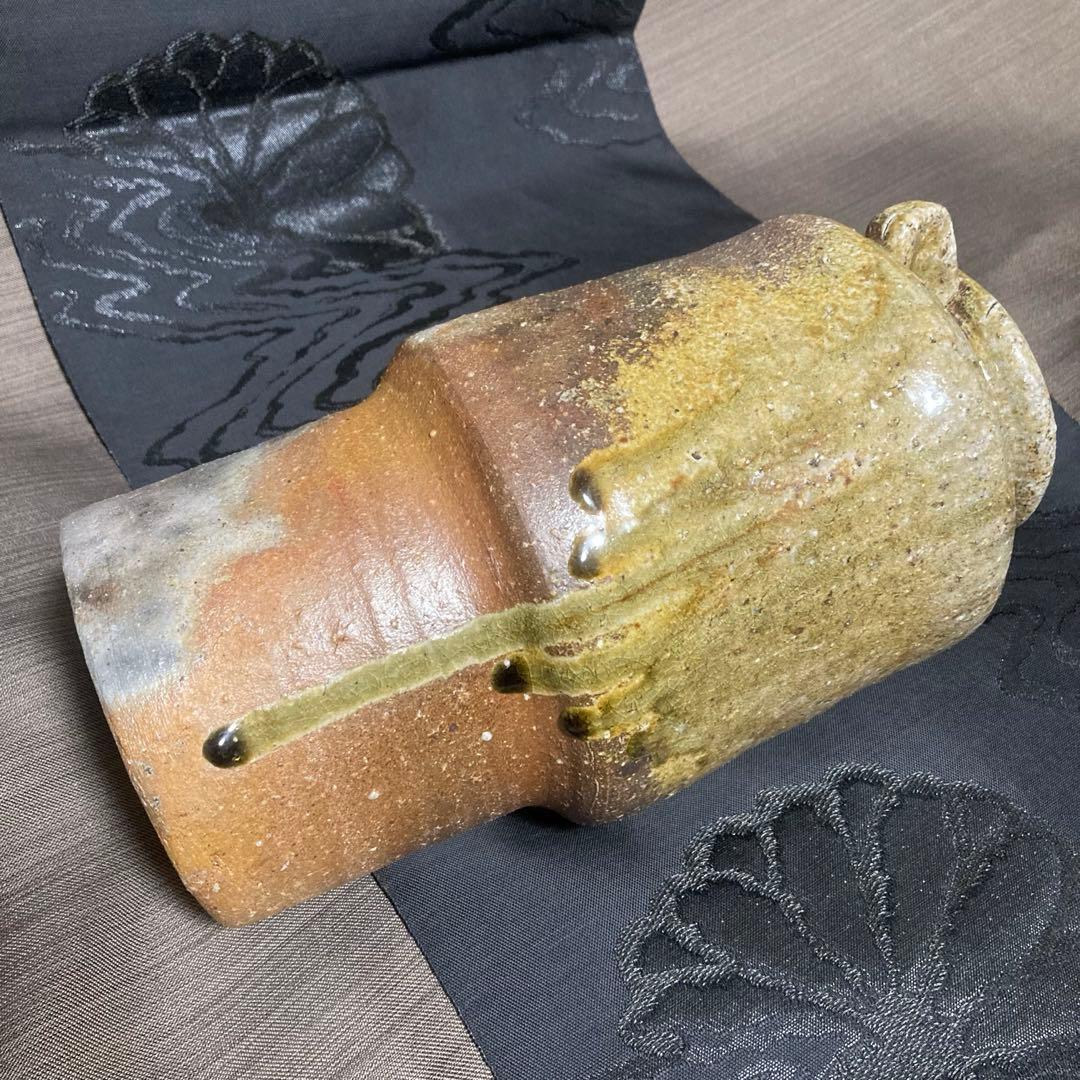 お値下げ↓古信楽 自然釉花入【茶道具】信楽焼 耳付 26㎝ 釉薬流し 花瓶 花器