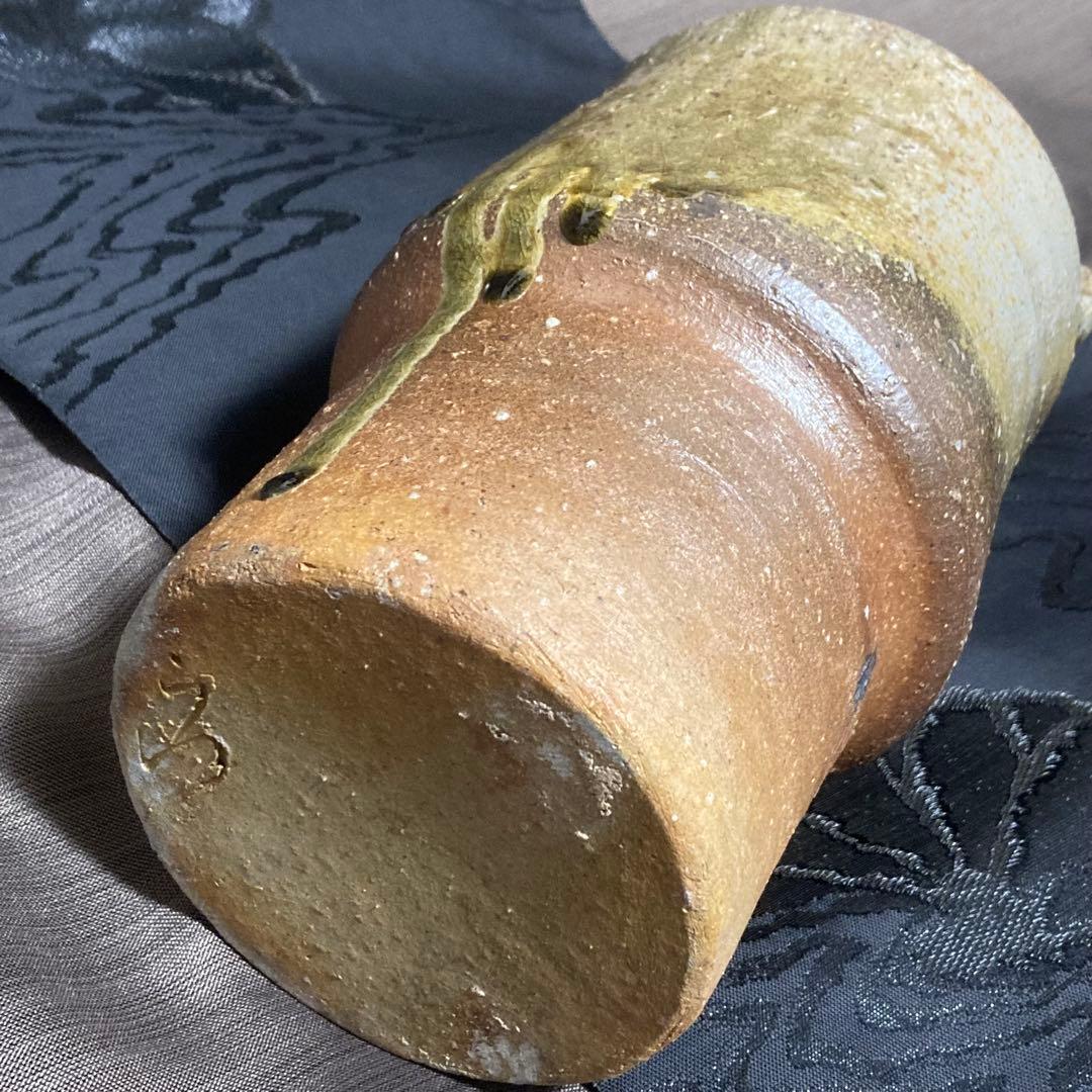 お値下げ↓古信楽 自然釉花入【茶道具】信楽焼 耳付 26㎝ 釉薬流し 花瓶 花器